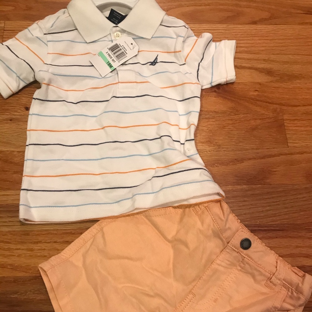 Nautica striped collared shirt and peach short set